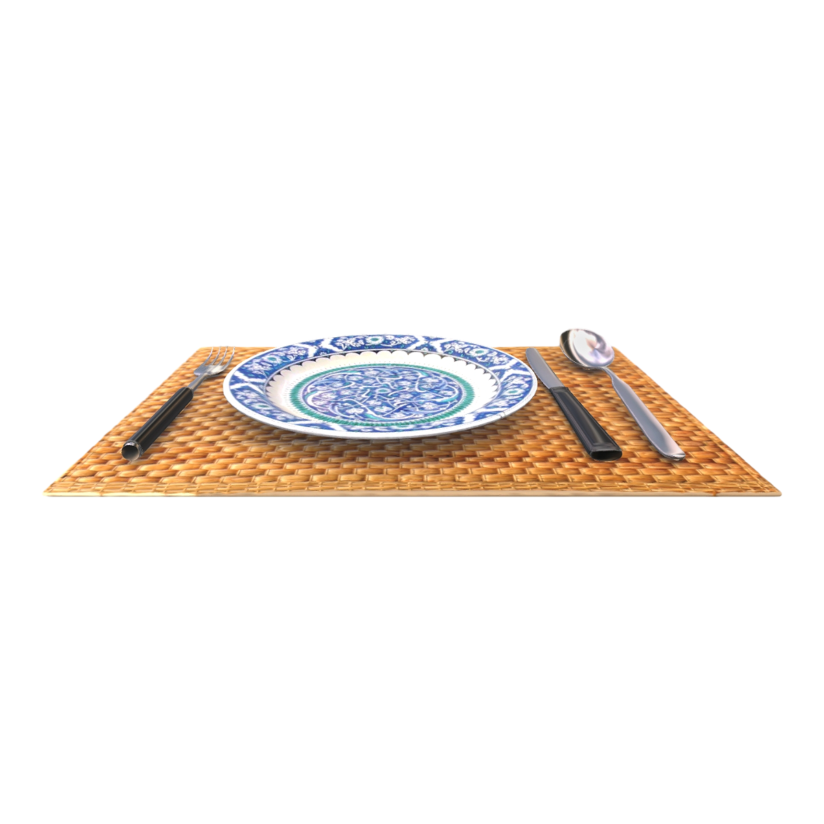 Scandinavian Modern Home Woven Rattan Mats, Blue-and-White Porcelain Plates & Utensils-3DHi